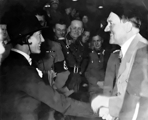 Adolf Hitler greets horse rider Irmgard Georgius during a riding show in Berlin